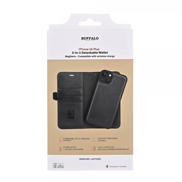 Buffalo iPhone 15 Plus Fodral 3 Kortfack Löstagbart Skal MagSeries Svart