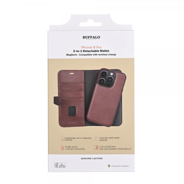 Buffalo iPhone 15 Pro Fodral 3 Kortfack Löstagbart Skal MagSeries Brun
