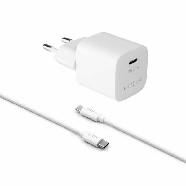 Fixed Laddare med Kabel Mini PD Travel Charger Kit USB-C/USB-C 30W Vit