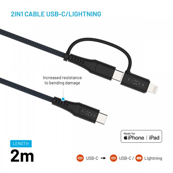 Fixed Kabel 2in1 USB-C/Lightning 60W 2m Svart