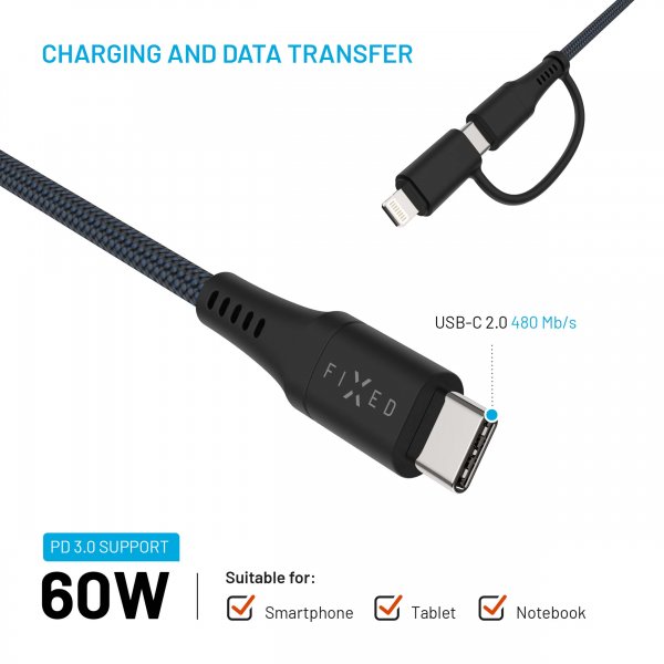 Fixed Kabel 2in1 USB-C/Lightning 60W 2m Svart