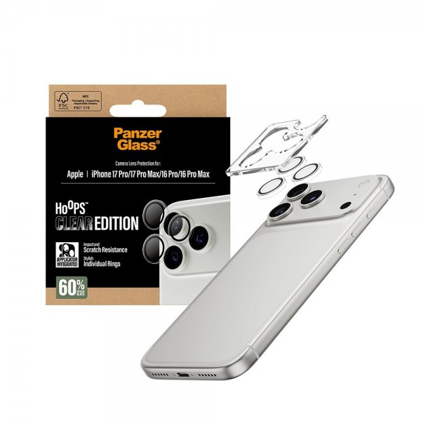 PanzerGlass iPhone 16 Pro/Pro Max/17 Pro/Pro Max Kameraskydd Hoops Transparent