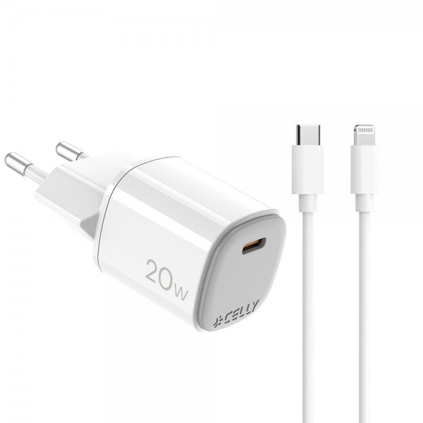 Celly 20W GaN USB-C Väggladdare med Lightning-kabel