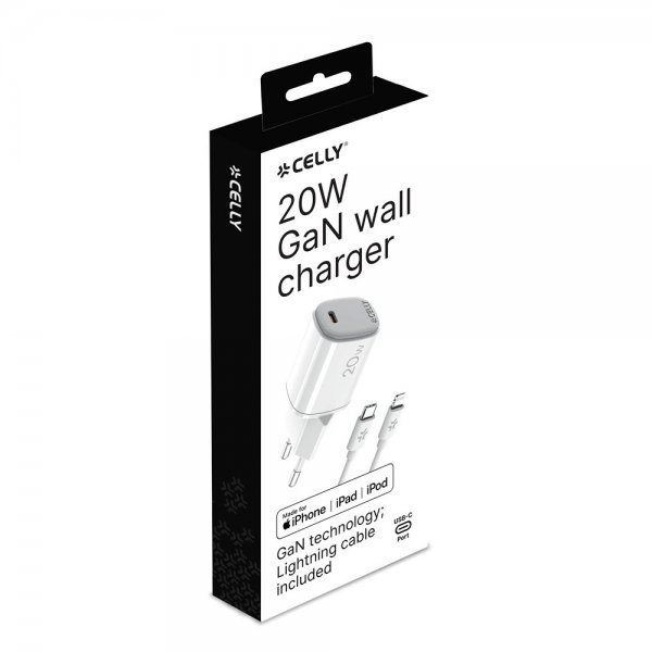 Celly 20W GaN USB-C Väggladdare med Lightning-kabel