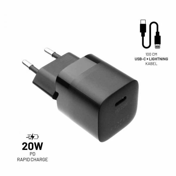- Laddare med Kabel Mini PD Travel Charger Kit USB-C/Lightning 20W - Svart