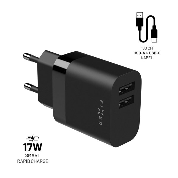 - Laddare med USB-C Kabel - 1m 2xUSB-A 17W Svart